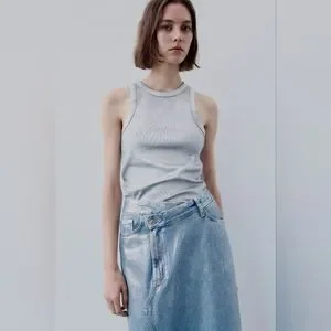 ZARA Lサイズ メタリックアシンメトリーデニムスカート スリット シルバー 値下】ZARA Lサイズ メタリック デニムスカート スリット